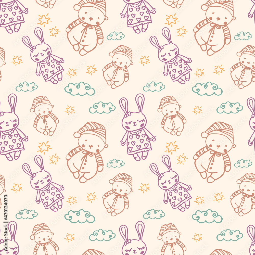 Seamless pattern with cute rabbits and bears