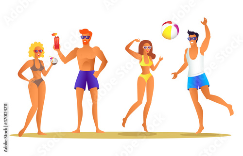 Adults by seaside relaxation  people having fun playing games and drinking cocktails  summer seaside vector illustration isolated on white background