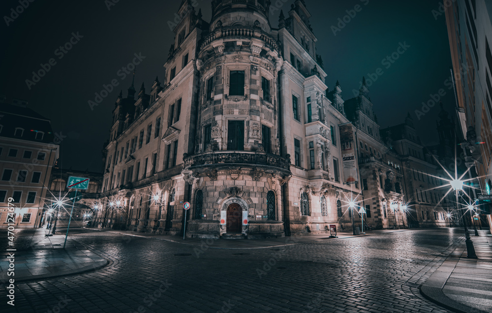 Streets of dresden at night. View of the historic quarters of Dresden at night