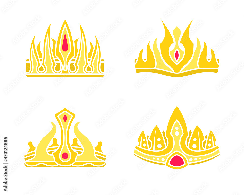 Gorgeous gold crowns in authentic gothic style set. Crown inlaid with precious ruby stone. Monarch headdress of gold isolated vector illustrations. Gorgeous gold crowns in authentic gothic style set. Crown inlaid with precious ruby stone. Monarch headdress of gold isolated vector illustrations.