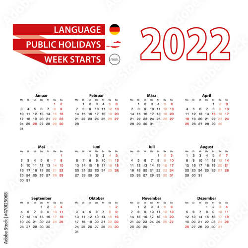 Calendar 2022 in Germany language with public holidays the country of Austria in year 2022.