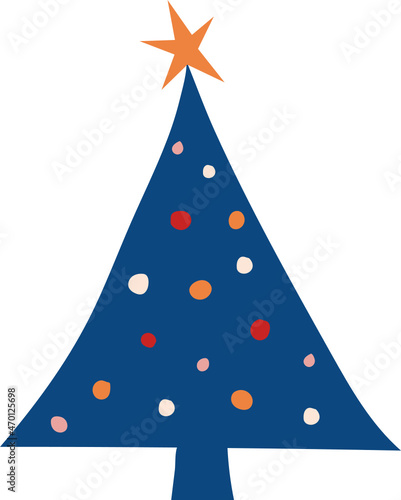 blauer Weihnachtsbaum mit bunten Kugeln und einem Stern als Spitze. stilisiert, infantil für Konzept