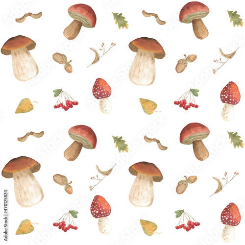 Watercolor pattern with forest elements: mushrooms, leaves, acorns. Pattern for printing on fabric.