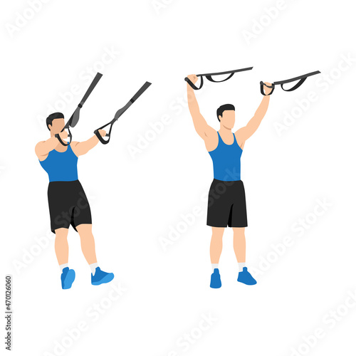 Man doing TRX Suspension straps deltoid Flyes exercise. Flat vector illustration isolated on white background