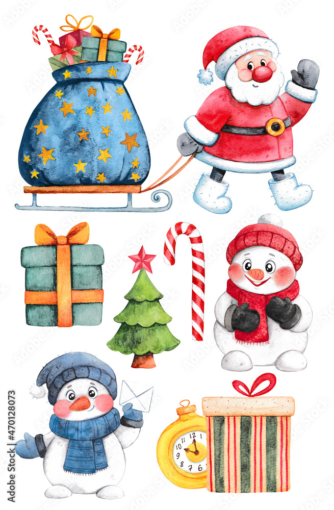 Fototapeta premium Watercolor Christmas set. Cute characters. Snowmen, Santa Claus, gift, Christmas tree. Stickers.