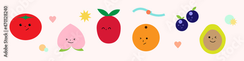 Cute fruit and veggie plat style illustrations set, fruit and vegetables design elements with facial expression.