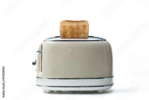 Retro toaster and toasted slices of bread isolated on white background