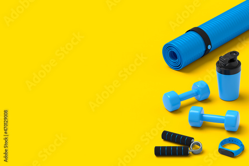 Isometric view of sport equipment like yoga mat, dumbbell and smart watches