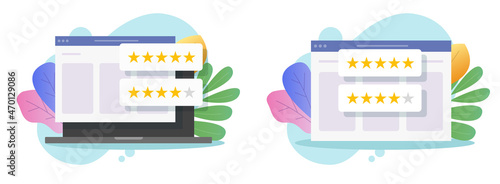 Online testimonials feedback on website and computer or customer digital internet reputation review bubble messages vector, client survey or satisfaction stars on web rating modern