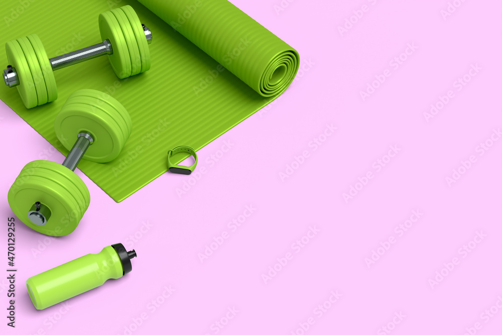 Isometric view of sport equipment like yoga mat, bottle and smart watches Isometric view of sport equipment like yoga mat, bottle and smart watches
