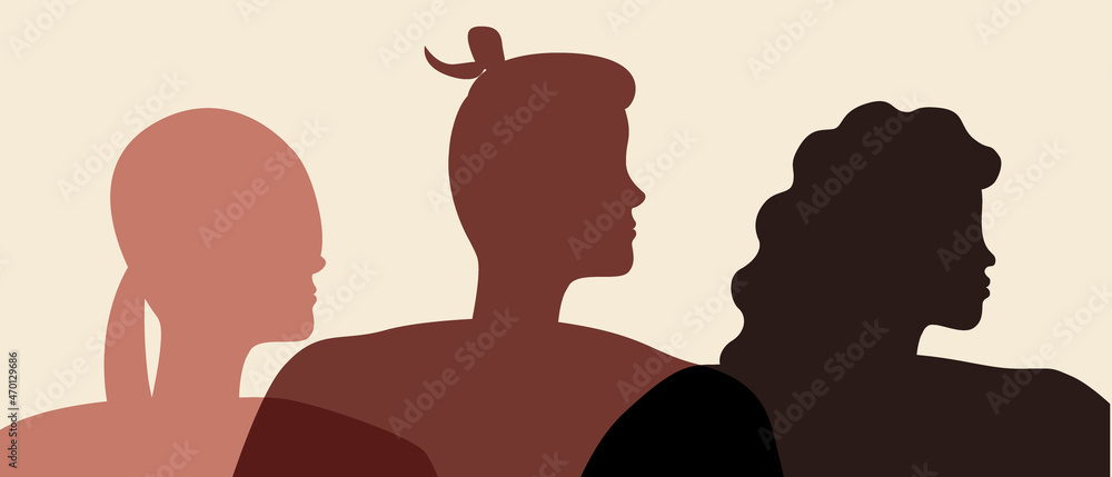 People together, ethnicity diversity, Silute vector stock illustration with International people or Diverse skin color in Ethnic African, Asian person