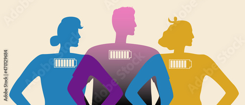 Energetic people, self positive, Silute vector stock illustration with Mental community or Energy charge as a mood concept and battery indicator