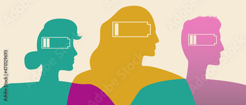 Tired People, Emotional Burnout, Silute Vector Stock Illustration with Energy Charge as a Burnout Concept or People with Battery Indicator