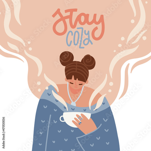 Stay cozy. Hipster girl drinking hot beverage, holding a hot cup of coffee warming her hands. Young women in stylish trendy outfit, wearing oversize sweater. Hand drawn flat vector illustration