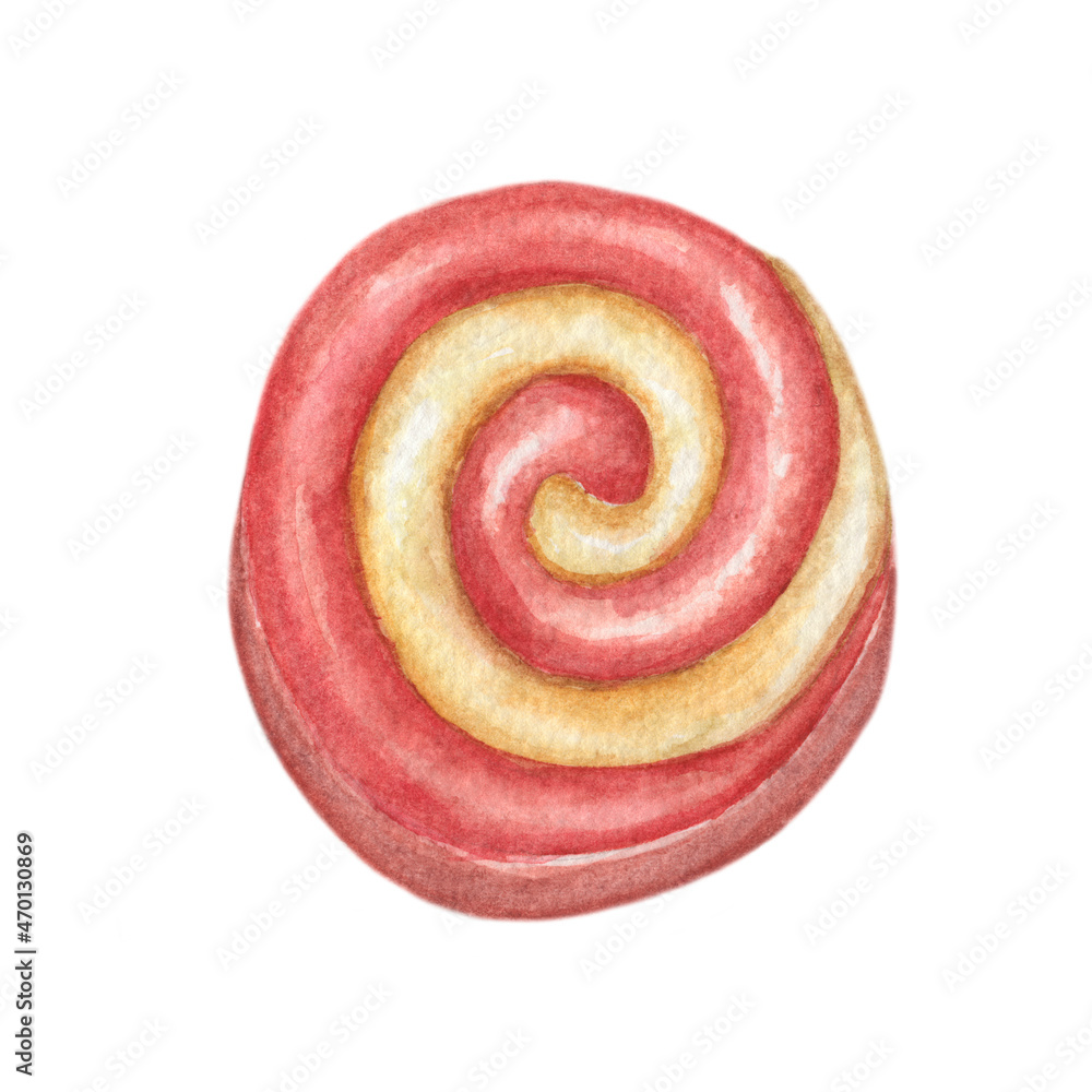 Obraz premium Spiral Marmalade and Dough Cookie Isolated on White Background. Watercolor Illustration for Wallpaper, Banner, Textile, Postcard or Wrapping Paper