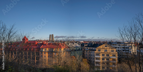 Panorama view over the district Vasastan with towers and color full apartments houses, from the district Stadshagen a sunny autumn day in Stockholm, 