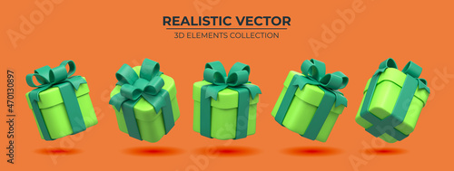 Set of Realistic green gifts boxes isolated on a orange background. 3d illustration of five springly green gift boxes with bows and ribbons, Festive decorative 3d render object Realistic vector decor
