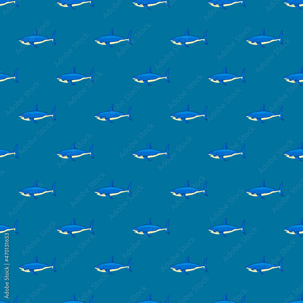Fototapeta premium Seamless pattern shark on blue background. Texture of marine fish for any purpose.