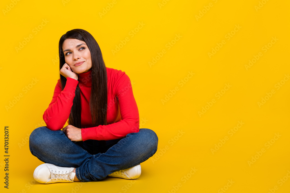 Full size portrait of pretty positive lady arm on cheek look interested empty space isolated on yellow color background Full size portrait of pretty positive lady arm on cheek look interested empty space isolated on yellow color background