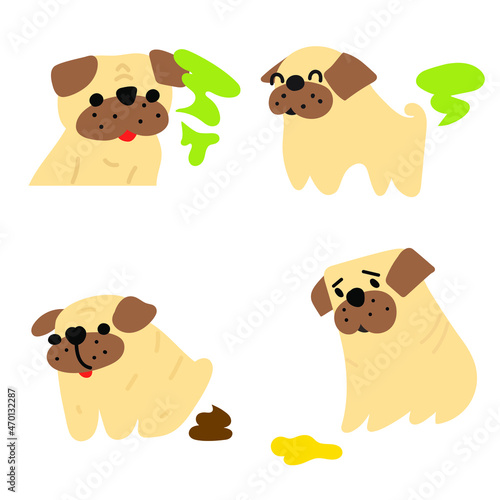 Set of hand drawn icons. Little pugs. Vector illustrations on white background.