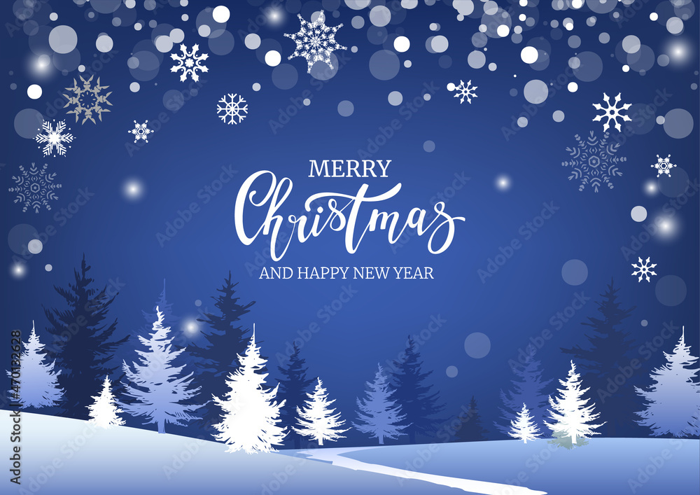 Blue winter background. Merry Christmas postcard template with winter forest. Festive banner.