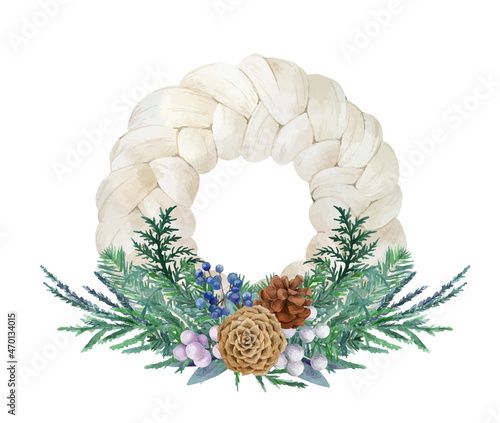 White cotton wreath with spruce bouquet. Christmas watercolor composition