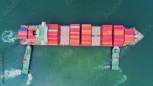 Aerial top view containers ship cargo business commercial trade logistic and transportation of international import export by container frieght cargo ship in the open sea. photo