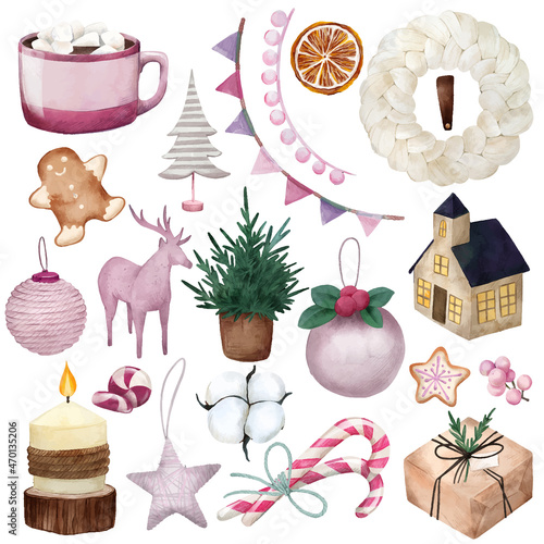 Scandi christmas elements, pink colors. hand drawn vector