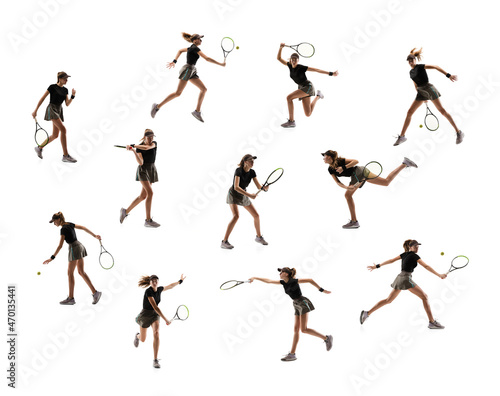 Development of movements. Collage made of images of professional female tennis player with racket in motion  action isolated on white studio background.