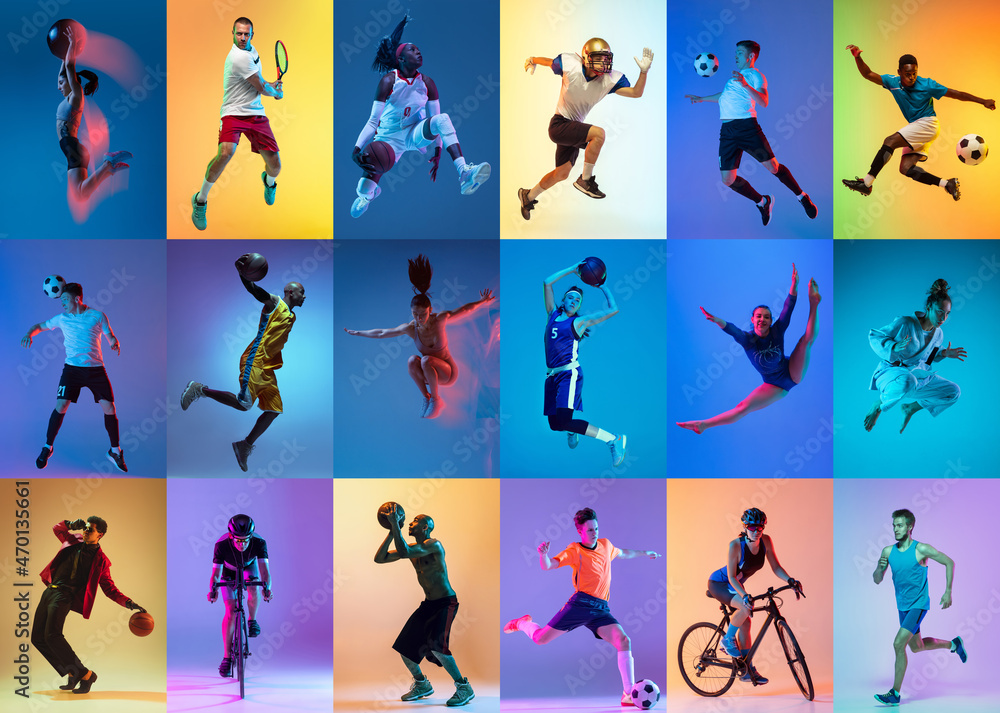 Leinwandbild Motiv - master1305 : Collage of different professional sportsmen, fit people in action, motion isolated on multicolor background in neon light.