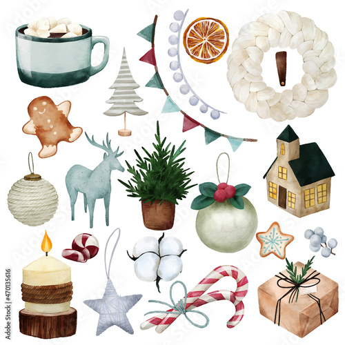 Scandi christmas elements, neutral colors. hand drawn