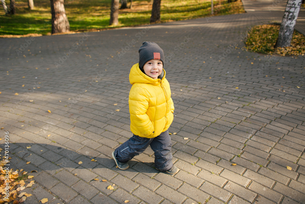 Fototapeta premium Cute baby boy walking in autumn park and smiling