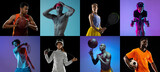 Collage made of portraits of different professional sportsmen, fit people isolated on color background in neon.