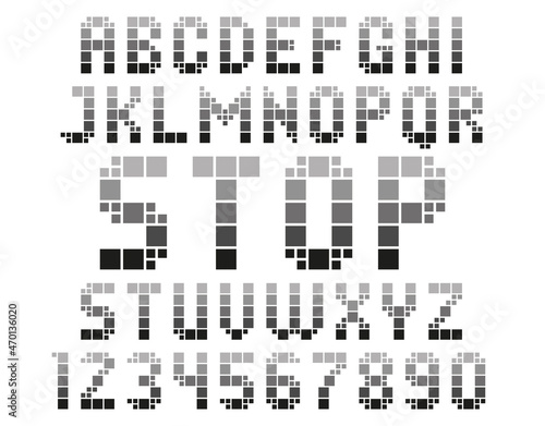 Characters of Latin alphabet made from squares. Grayscale color gamma. Square typography.