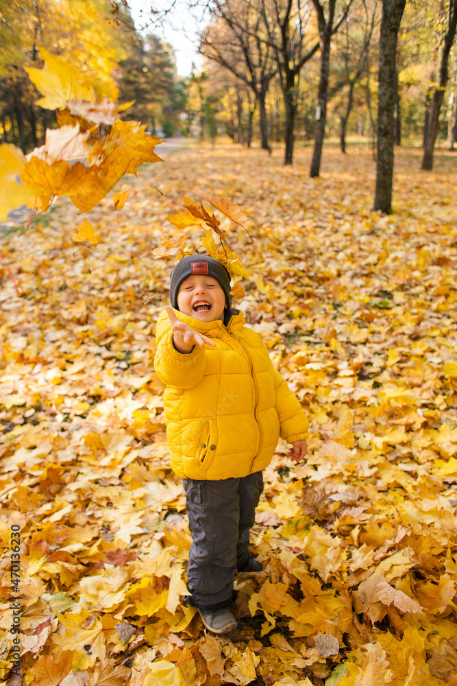 Cute baby boy throwing yellow maple leafs in autumn park Cute baby boy throwing yellow maple leafs in autumn park