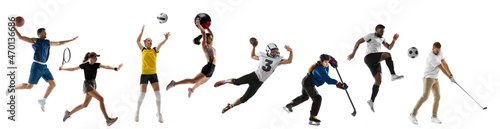 Sport collage. Tennis, basketball, soccer football, hockey, golf, cycling, fitness, running, volleyball players in motion isolated on white background