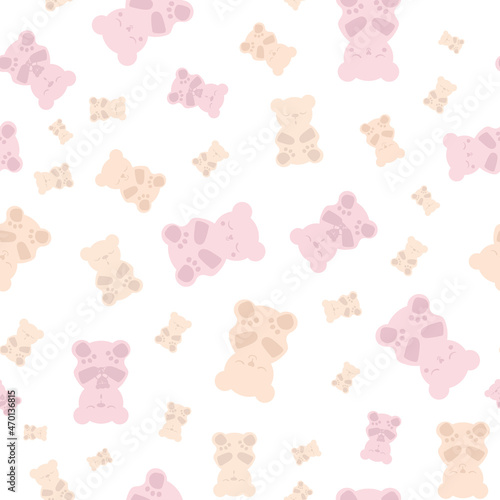 Sleep gummies vector seamless pattern background. Backdrop with gummy bears in pastel pink yellow white. Cute kawaii style characters for sleeping well, melatonin natural aid and health concept.
