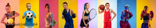 Collage made of different little sportsmen portraits isolated on multicolored background in neon light. Gymnast, soccer, boxer and tennis