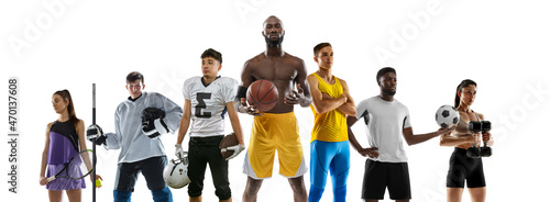 Multiethnic sport team. Tennis, hockey, soccer football and basketball players standing isolated on white background.