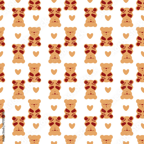 Sleep gummies and hearts vector seamless pattern background. Backdrop with gummy bears in orange white. Cute kawaii style characters for sleeping well, melatonin natural aid and health concept.