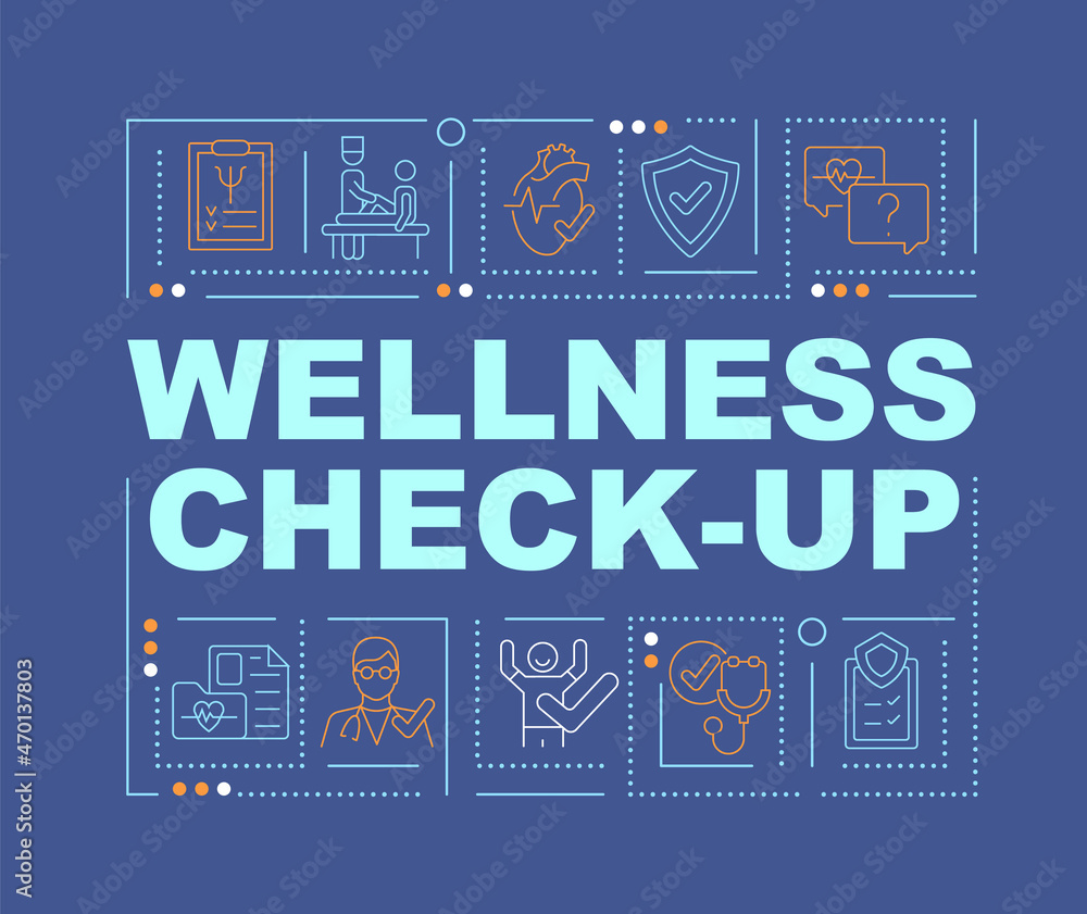 Health check up word concepts banner. Medical examination. Infographics with linear icons on blue background. Isolated creative typography. Vector outline color illustration with text