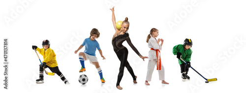 Kids sport collage. Little sportsmen. Hockey players  karate and gymnast posing isolated on white studio background.