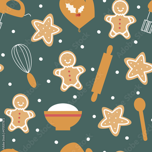 Cute cozy hand drawn christmas seamless vector pattern background illustration with winter holidays cartoon gingerbread cookies and kitchen tools