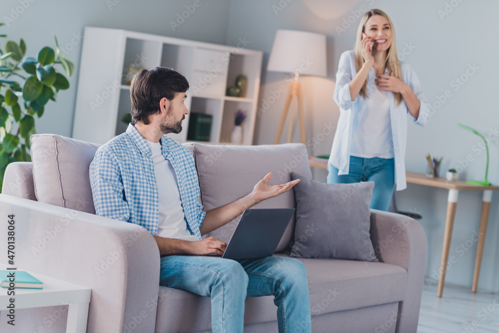 Photo of couple in love family business quarantine concept wear casual outfit in comfortable home indoors Photo of couple in love family business quarantine concept wear casual outfit in comfortable home indoors