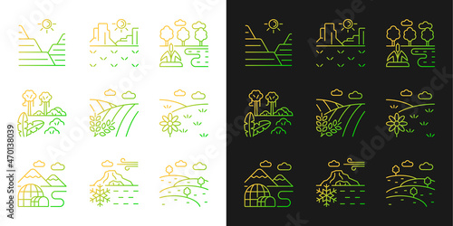 Biomes and landforms gradient icons set for dark and light mode. Diverse climatic zones. Thin line contour symbols bundle. Isolated vector outline illustrations collection on black and white