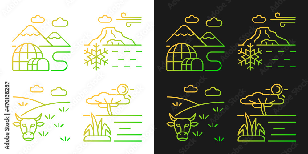 Climate zones gradient icons set for dark and light mode. Cold and hot regions. Temperate climate. Thin line contour symbols bundle. Isolated vector outline illustrations collection on black and white Climate zones gradient icons set for dark and light mode. Cold and hot regions. Temperate climate. Thin line contour symbols bundle. Isolated vector outline illustrations collection on black and white