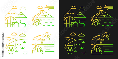 Climate zones gradient icons set for dark and light mode. Cold and hot regions. Temperate climate. Thin line contour symbols bundle. Isolated vector outline illustrations collection on black and white
