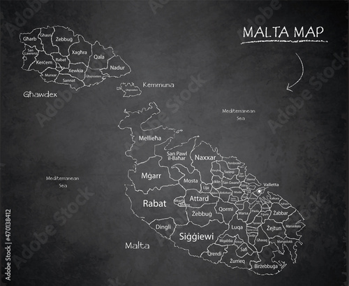 Malta map, separates states with names, design card blackboard chalkboard vector