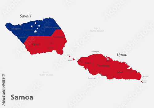 Map of the Samoa in the colors of the flag with administrative divisions vector