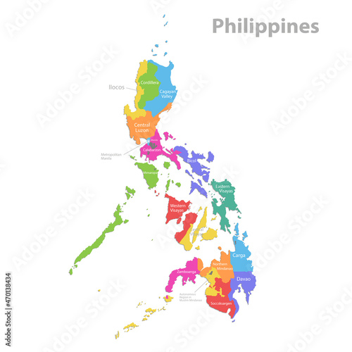 Philippines map, administrative division, separate individual regions with names, color map isolated on white background vector